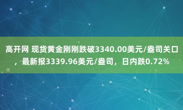高开网 现货黄金刚刚跌破3340.00美元/盎司关口，最新报3339.96美元/盎司，日内跌0.72%